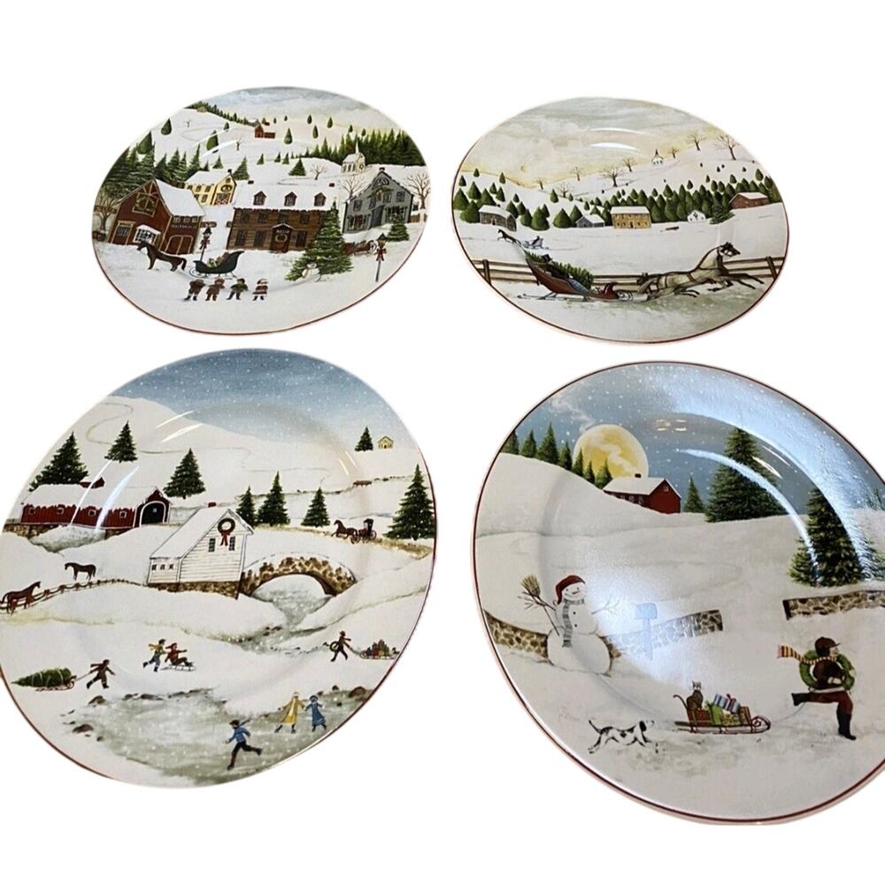 ONIEDA DAVID CARTER SET OF 4 HOLIDAY SAKURA CHRISTMAS VALLEY DESSERT PLATES